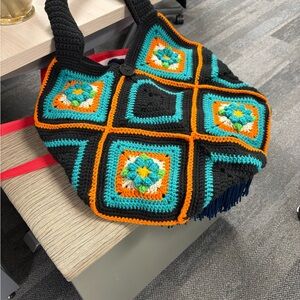 Handmade Crochet Square Tote in Black and Teal with Orange Trim